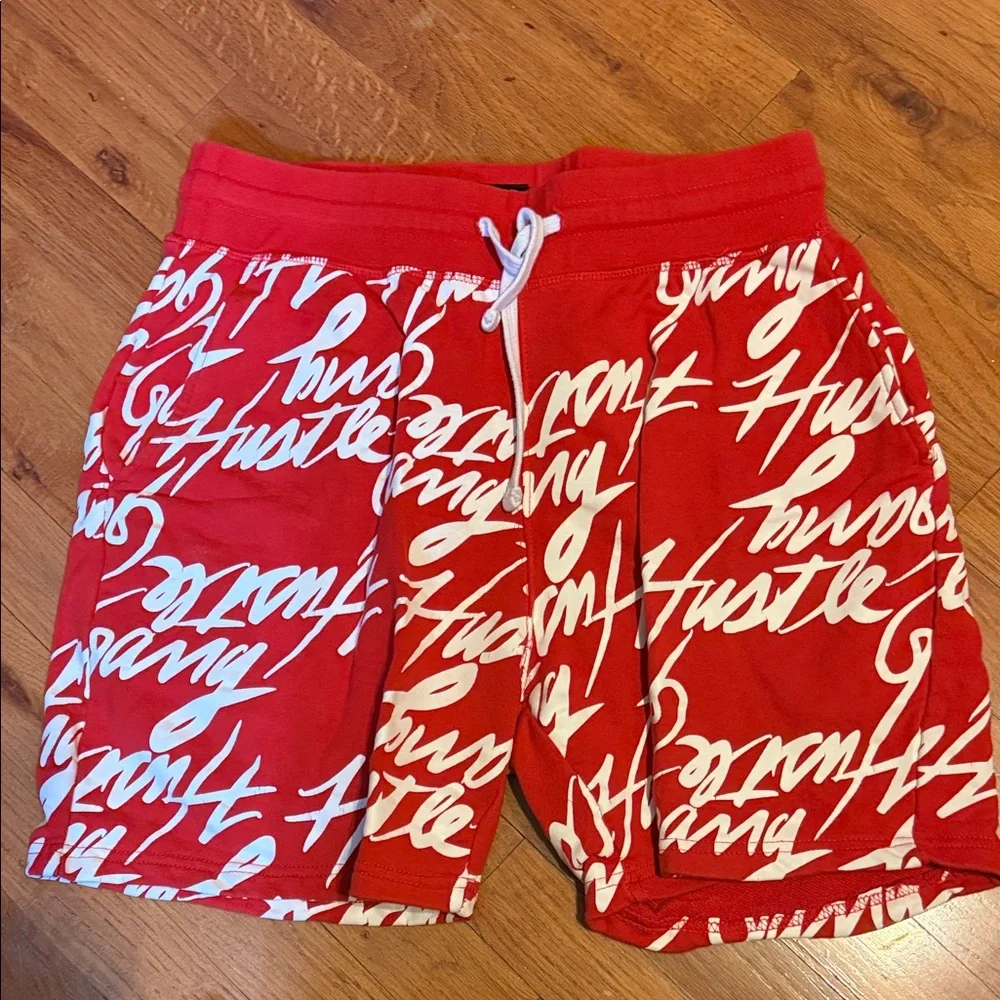 Red Script-Print Men’s Drawstring Shorts - Picture 1 of 1